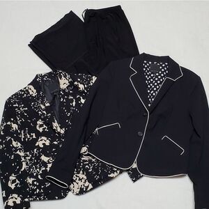 THE Limited 3-Piece Suit Black Floral White Piping Wide Leg Stretchy Pant Blazer